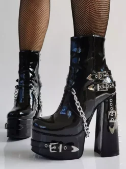 Bottines vernies à bout rond en PU pour femmes