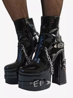 Bottines vernies à bout rond en PU pour femmes