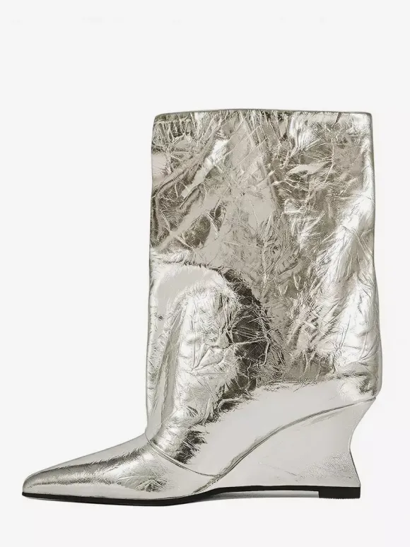 Bottines argentées à bout pointu métallisé et talon compensé bottines de soirée