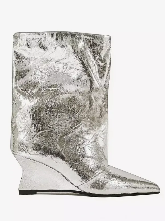 Bottines argentées à bout pointu métallisé et talon compensé bottines de soirée