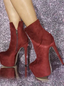Bottines bordeaux en daim bout rond plateforme bottines à talons hauts