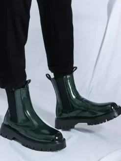 Bottines Chelsea à plateforme pour homme bout rond semelle épaisse en cuir verni brillant à enfiler