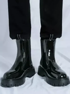 Bottines Chelsea à plateforme pour homme bout rond semelle épaisse en cuir verni brillant à enfiler
