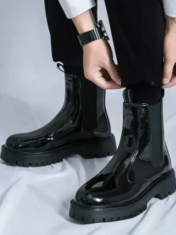 Bottines Chelsea à plateforme pour homme bout rond semelle épaisse en cuir verni brillant à enfiler