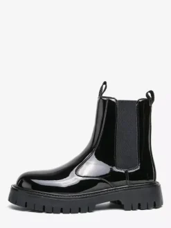 Bottines Chelsea à plateforme pour homme bout rond semelle épaisse en cuir verni brillant à enfiler