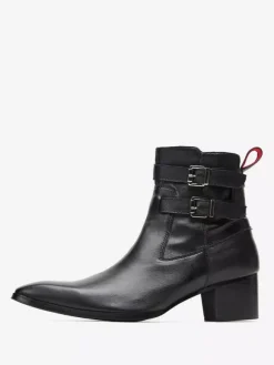 Bottines Chelsea pour hommes en cuir de vache noir à bout pointu et boucle pour bal de promo