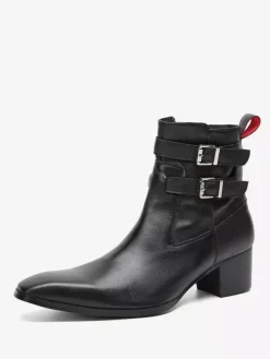 Bottines Chelsea pour hommes en cuir de vache noir à bout pointu et boucle pour bal de promo