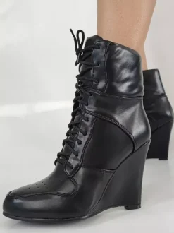 Bottines compensées noires à bout pointu et lacets pour femmes