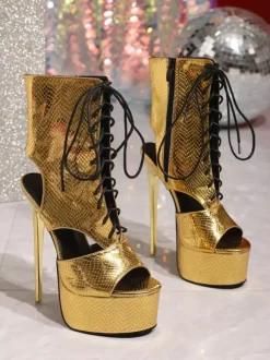 Bottines dorées à talons hauts pour femmes plateforme bout ouvert lacets chaussures sexy