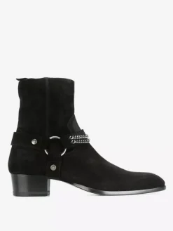 Bottines en daim noir pour homme style western à talon épais et détails en chaîne