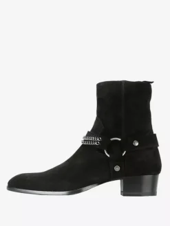 Bottines en daim noir pour homme style western à talon épais et détails en chaîne