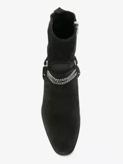Bottines en daim noir pour homme style western à talon épais et détails en chaîne