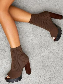 Bottines Eté Femme à Talons Hauts avec Bout Ouvert en Cuir Synthétique Unicolore