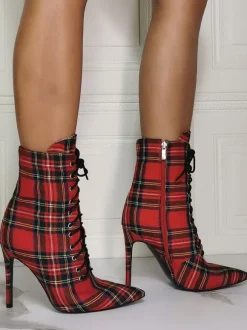 Bottines Femme Toile Rouge Bout Pointu Talon Aiguille Ciel Haut Chaussons Pied De Poule
