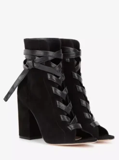Bottines à lacets en daim noir pour femmes bout ouvert talon épais