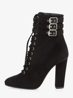 Bottines à lacets pour femmes bottines noires à bout rond avec boucle et talon épais