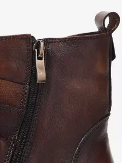 Bottines marron en cuir véritable bout rond fermeture éclair et boucle