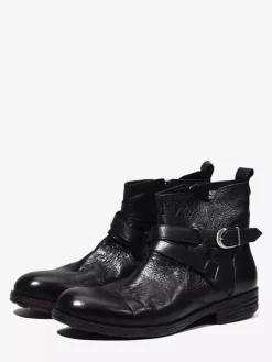 Bottines marron en cuir véritable bout rond fermeture éclair et boucle