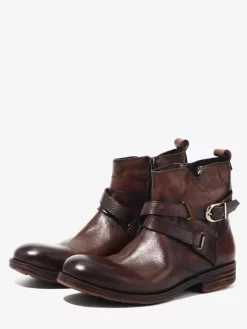 Bottines marron en cuir véritable bout rond fermeture éclair et boucle