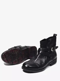 Bottines marron en cuir véritable bout rond fermeture éclair et boucle