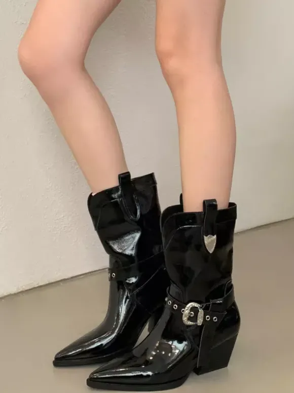 Bottines noires à bout pointu et talon épais pour femme