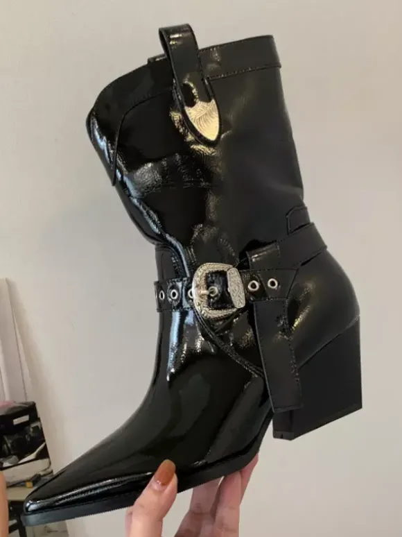 Bottines noires à bout pointu et talon épais pour femme
