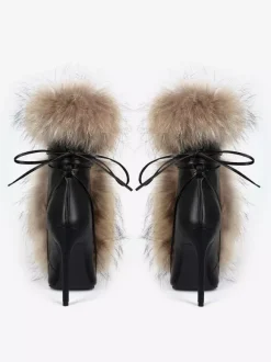 Bottines noires à bout pointu pour femme bottines à lacets en fourrure et talons hauts