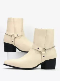Bottines noires pour homme bout rond détail chaîne talon épais