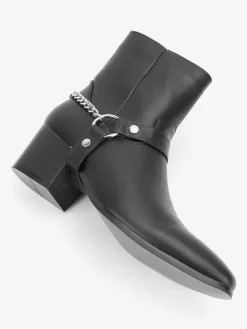 Bottines noires pour homme bout rond détail chaîne talon épais