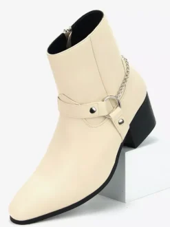 Bottines noires pour homme bout rond détail chaîne talon épais