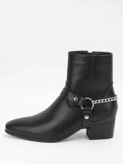 Bottines noires pour homme bout rond détail chaîne talon épais