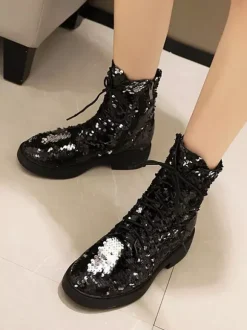 Bottines à paillettes plates et à lacets pour femmes