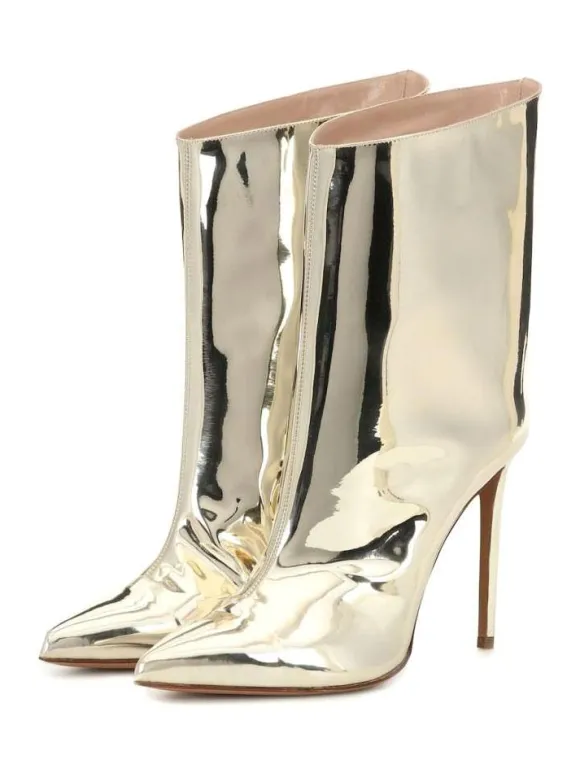 Bottines pour femmes en cuir or clair bout pointu cuir brillant talon aiguille bottes à talons hauts