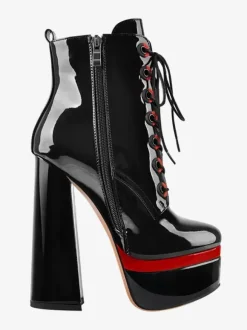 Bottines Pour Femmes Noir À Lacet Plateforme Talon Épais Bout Rond En Cuir PU