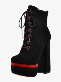 Bottines Pour Femmes Noir À Lacet Plateforme Talon Épais Bout Rond En Cuir PU