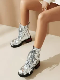 Bottines pour femmes à paillettes argentées bout rond bottines de fête à lacets