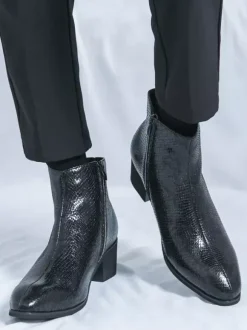 Bottines pour homme en cuir à imprimé serpent bout pointu talon moyen et fermeture éclair