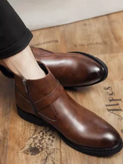 Bottines pour hommes bout bruni fermeture éclair latérale harnais chaussures imperméables antidérapantes