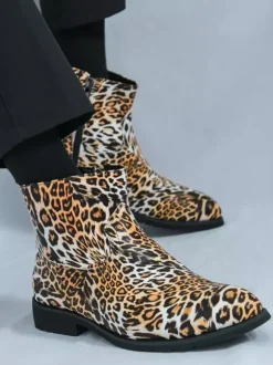 Bottines pour hommes à bout rond et talon bas imprimé léopard chaussures décontractées