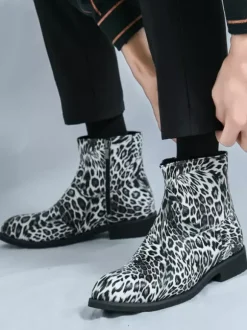 Bottines pour hommes à bout rond et talon bas imprimé léopard chaussures décontractées