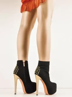 Bottines À Rivets Noirs Femmes Bottes À Tige En Micro-Suède Bout Rond Talon Aiguille
