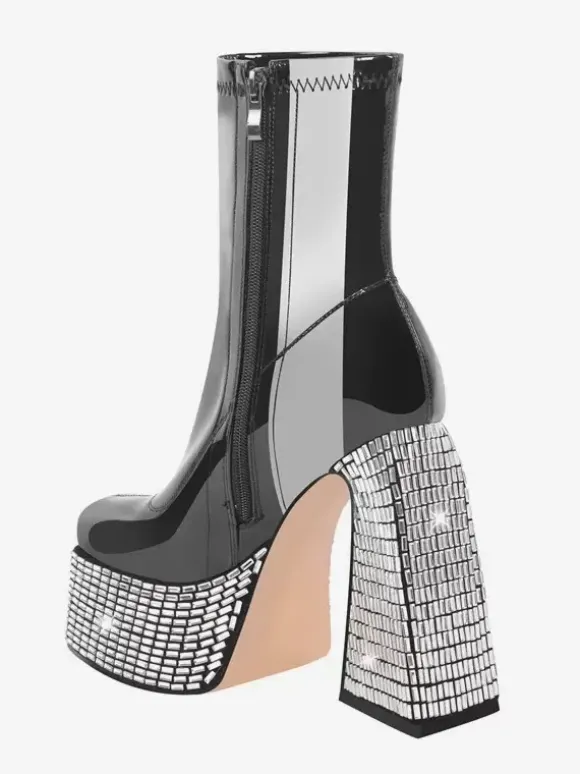 Bottines à strass noirs à plateforme bout rond bottines à talons épais