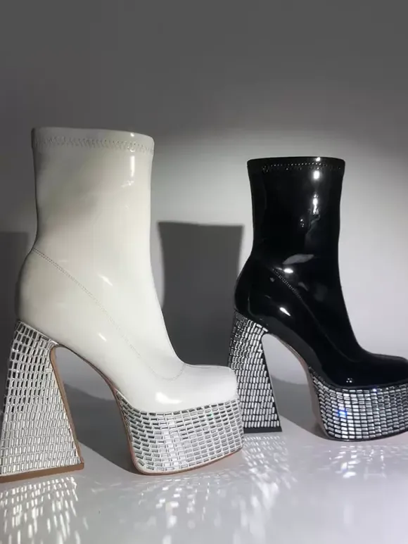 Bottines à strass noirs à plateforme bout rond bottines à talons épais