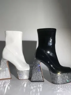 Bottines à strass noirs à plateforme bout rond bottines à talons épais