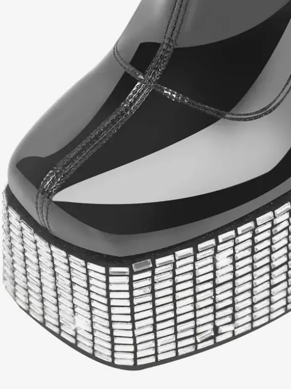 Bottines à strass noirs à plateforme bout rond bottines à talons épais
