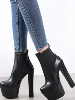 Bottines à Talons Hauts avec Plateforme en Cuir Synthétique Unicolore