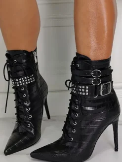 Bottines à Talons Hauts Femme avec Bout Pointu en Cuir Synthétique Unicolore
