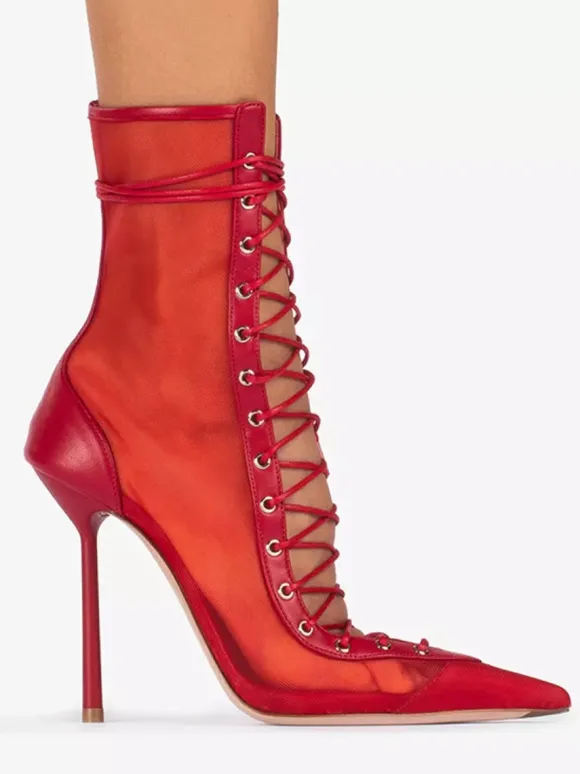 Bottines à talons hauts pour femmes en maille bout pointu lacets bottines
