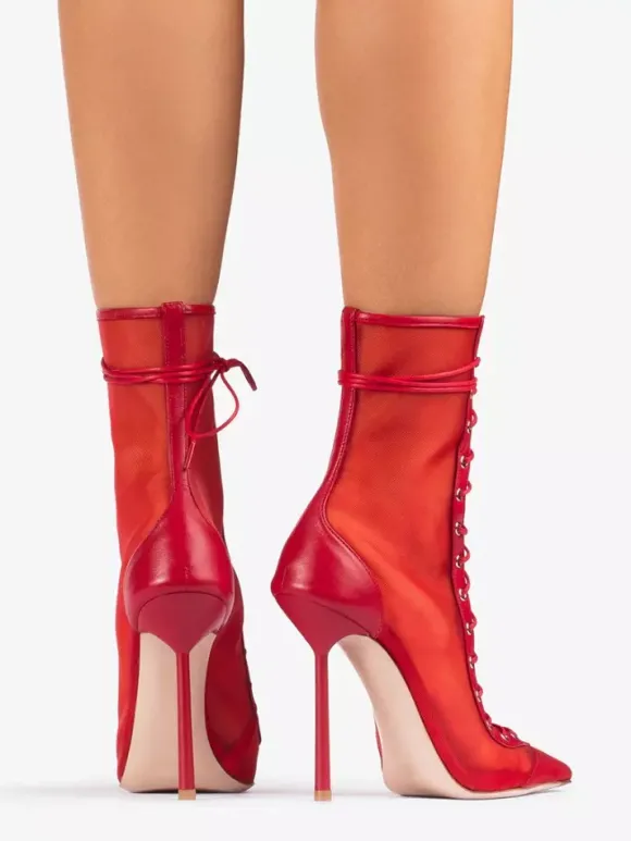 Bottines à talons hauts pour femmes en maille bout pointu lacets bottines