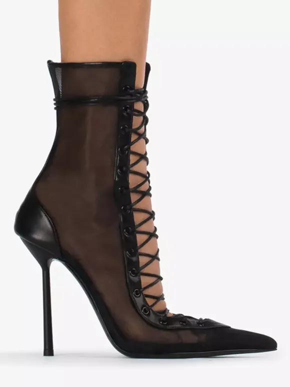 Bottines à talons hauts pour femmes en maille bout pointu lacets bottines